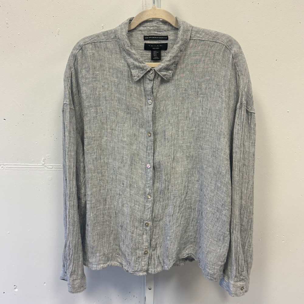 Tahari 100% Linen Button Down Shirt European Flax Long Sleeve Womens XL‎ Grey